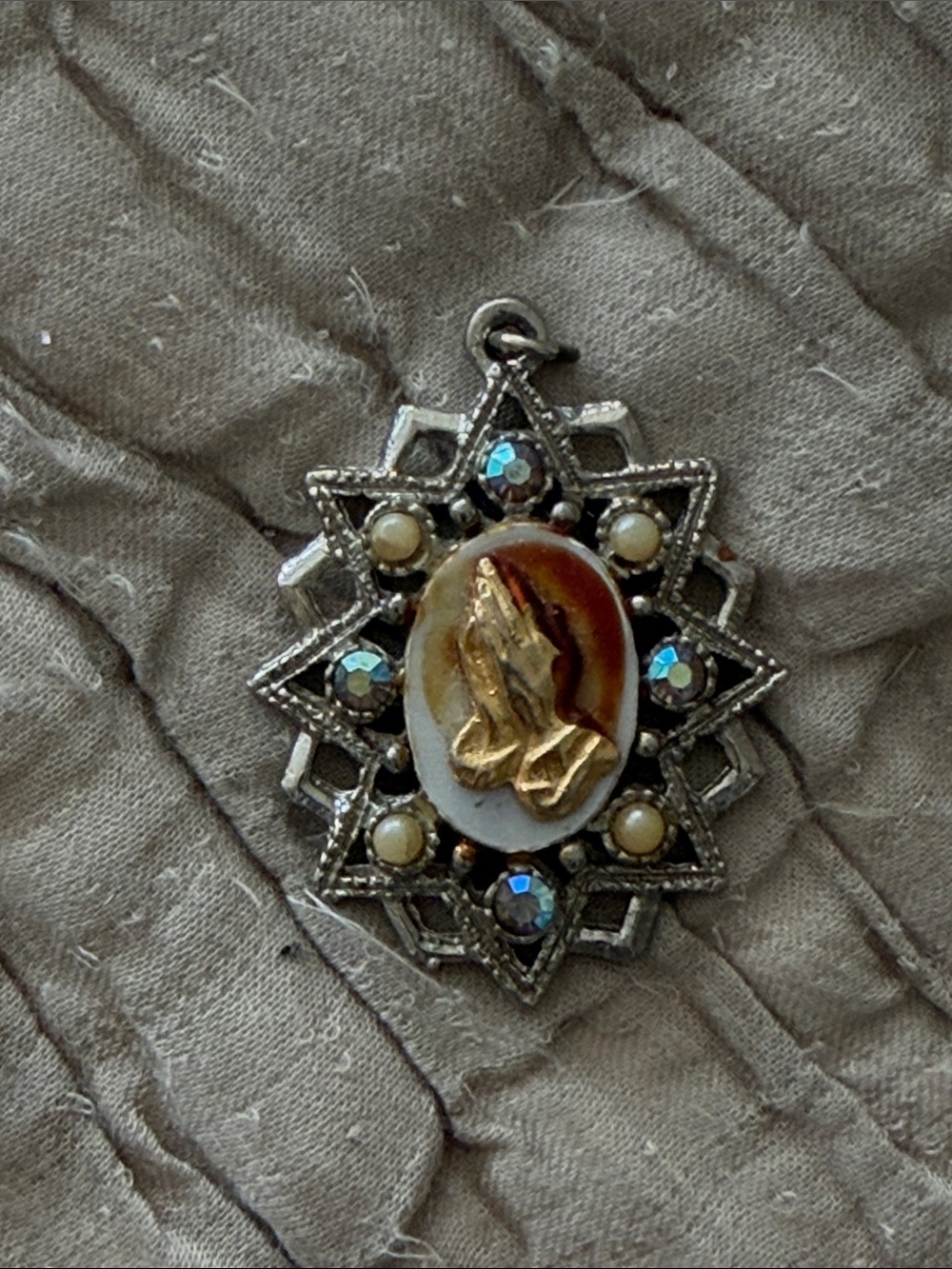 Praying hands religious pendant with pearls and crystals very pretty